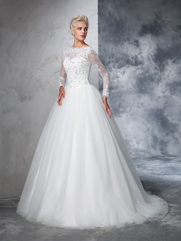 Ball Gown Bateau Lace Long Sleeves Long Net Wedding Dresses 1881