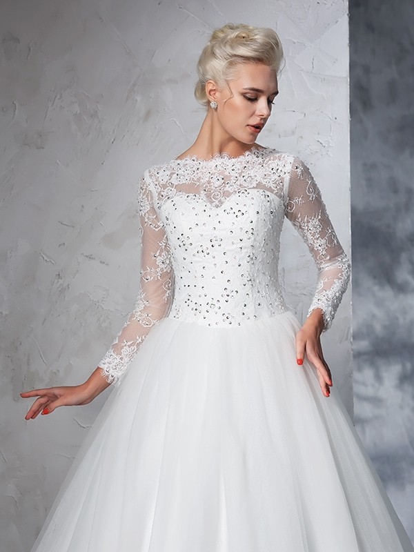 Ball Gown Bateau Lace Long Sleeves Long Net Wedding Dresses 1881