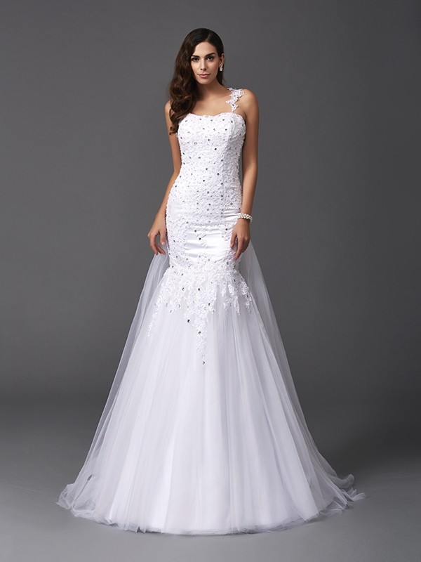 Trumpet/Mermaid Straps Beading Sleeveless Long Net Wedding Dresses 2022