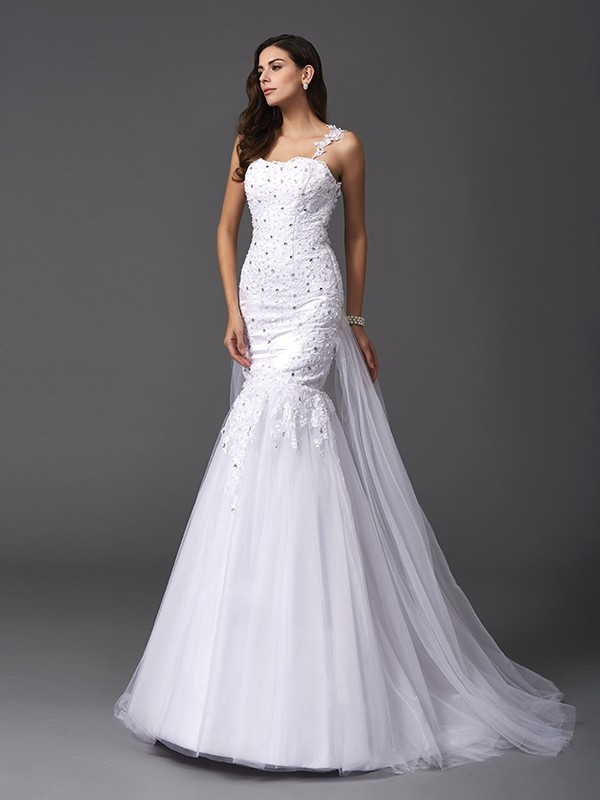 Trumpet/Mermaid Straps Beading Sleeveless Long Net Wedding Dresses 2022