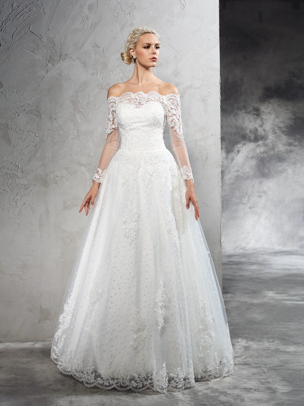 Ball Gown Off-the-Shoulder Lace Long Sleeves Long Net Wedding Dresses 1900