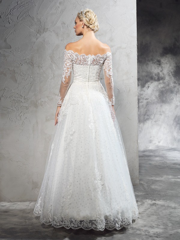 Ball Gown Off-the-Shoulder Lace Long Sleeves Long Net Wedding Dresses 1900