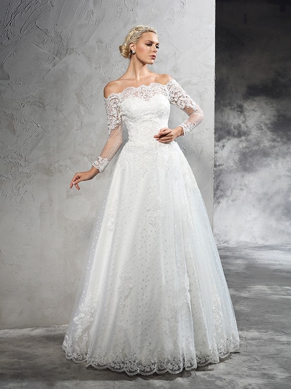 Ball Gown Off-the-Shoulder Lace Long Sleeves Long Net Wedding Dresses 1900