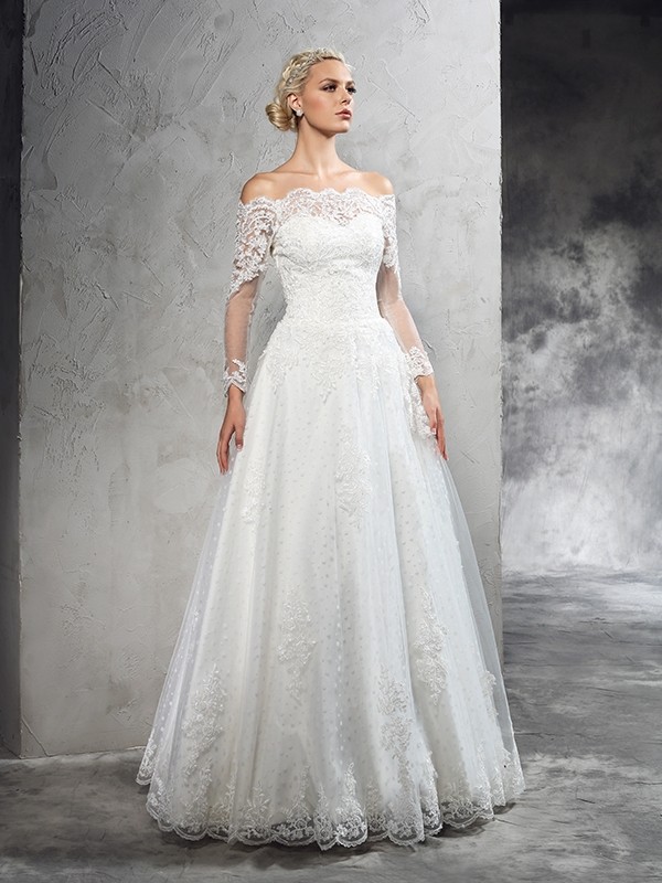 Ball Gown Off-the-Shoulder Lace Long Sleeves Long Net Wedding Dresses 1900