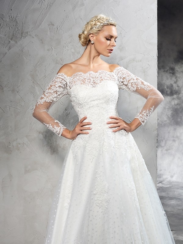 Ball Gown Off-the-Shoulder Lace Long Sleeves Long Net Wedding Dresses 1900