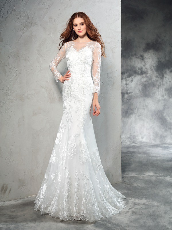 Sheath/Column Sheer Neck Lace Long Sleeves Long Net Wedding Dresses 1967