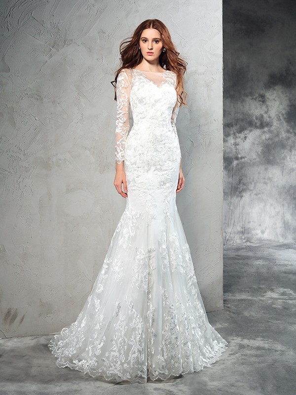 Sheath/Column Sheer Neck Lace Long Sleeves Long Net Wedding Dresses 1967