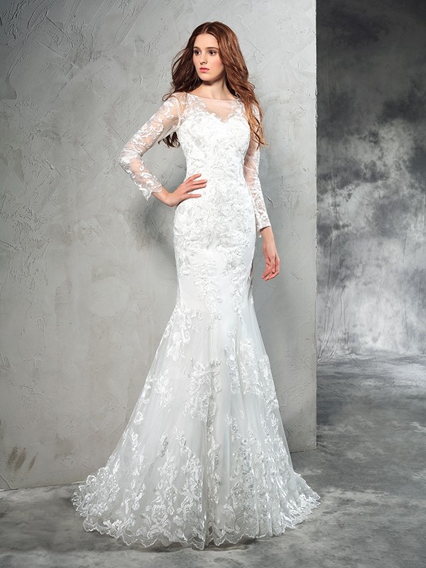 Sheath/Column Sheer Neck Lace Long Sleeves Long Net Wedding Dresses 1967