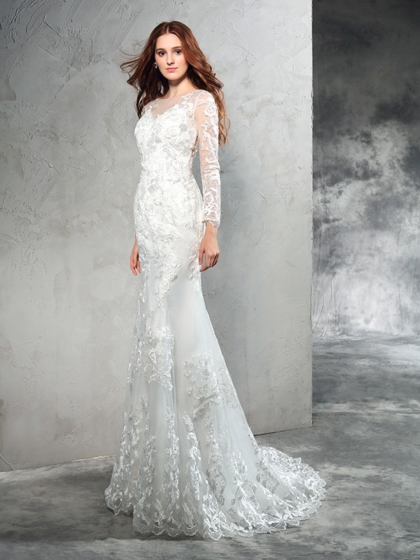 Sheath/Column Sheer Neck Lace Long Sleeves Long Net Wedding Dresses 1967