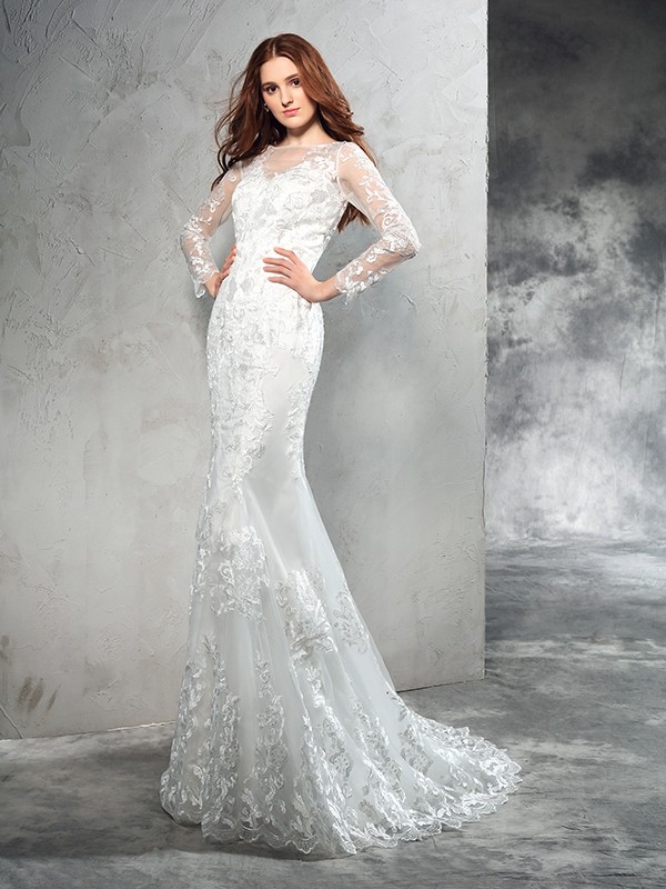 Sheath/Column Sheer Neck Lace Long Sleeves Long Net Wedding Dresses 1967