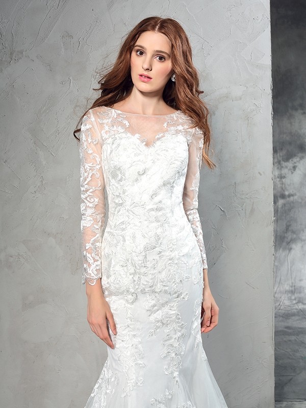 Sheath/Column Sheer Neck Lace Long Sleeves Long Net Wedding Dresses 1967