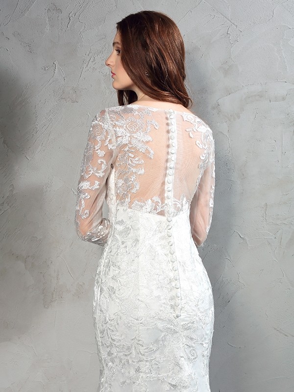 Sheath/Column Sheer Neck Lace Long Sleeves Long Net Wedding Dresses 1967