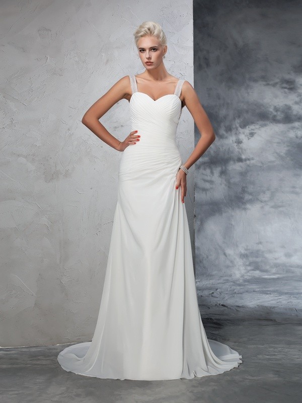 Trumpet/Mermaid Straps Ruched Sleeveless Long Chiffon Wedding Dresses 2023