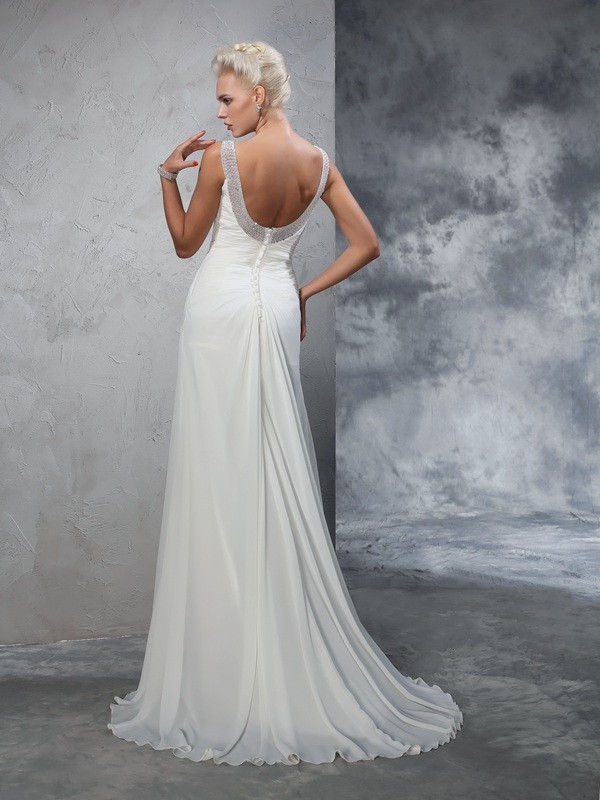 Trumpet/Mermaid Straps Ruched Sleeveless Long Chiffon Wedding Dresses 2023