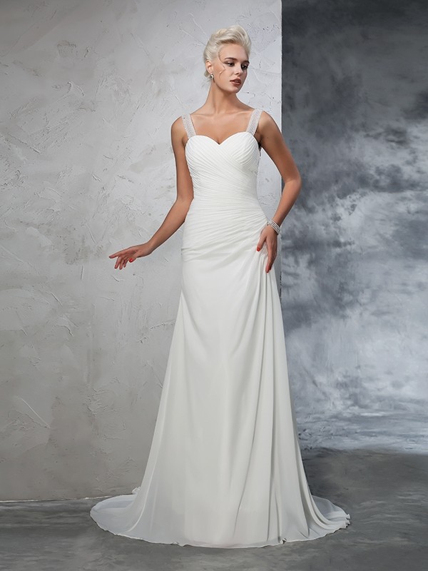 Trumpet/Mermaid Straps Ruched Sleeveless Long Chiffon Wedding Dresses 2023