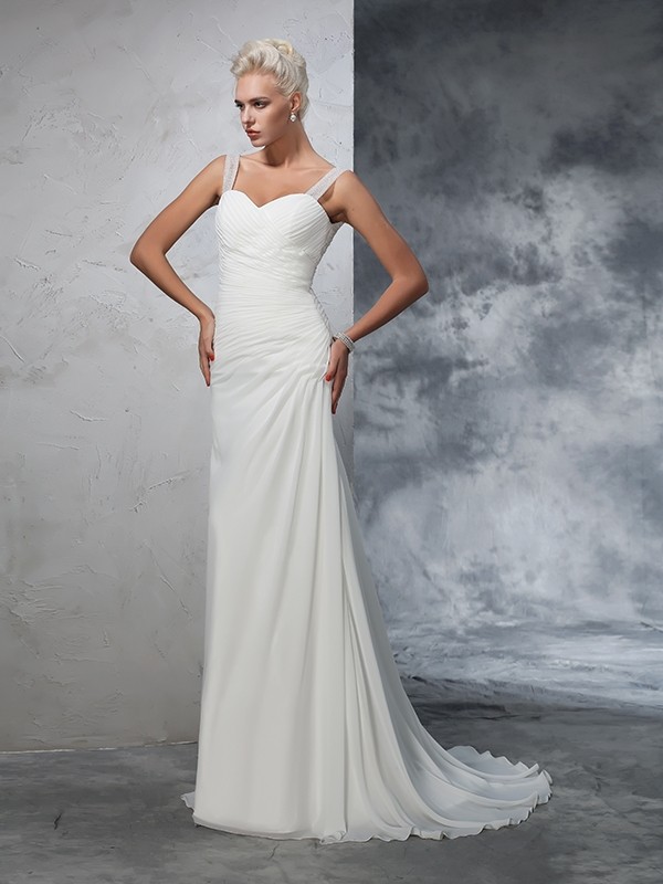 Trumpet/Mermaid Straps Ruched Sleeveless Long Chiffon Wedding Dresses 2023