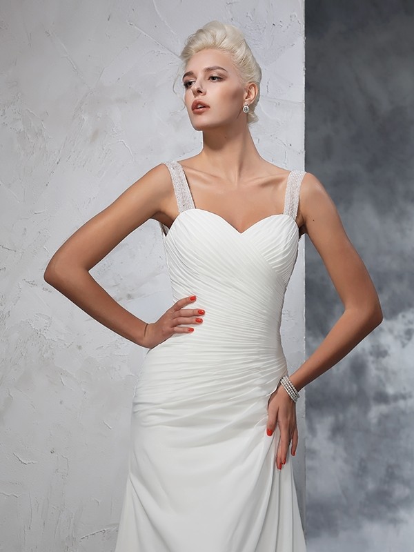 Trumpet/Mermaid Straps Ruched Sleeveless Long Chiffon Wedding Dresses 2023