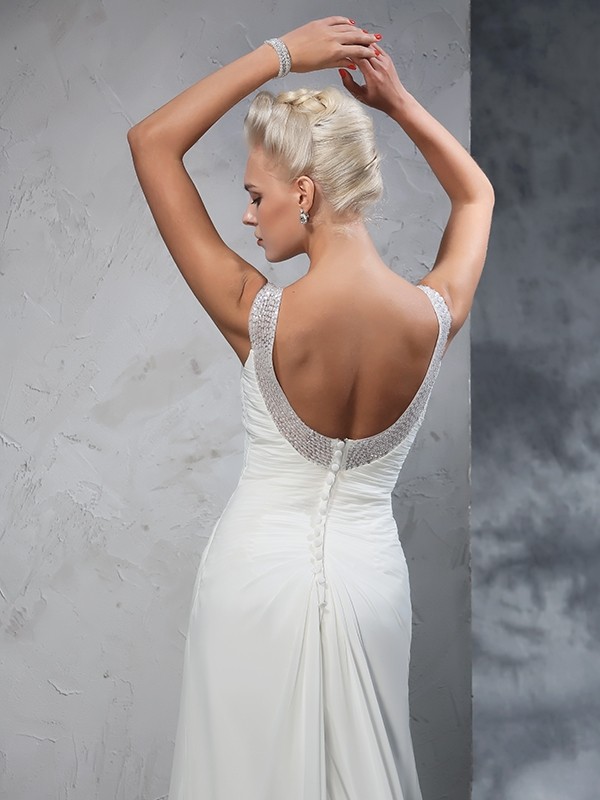 Trumpet/Mermaid Straps Ruched Sleeveless Long Chiffon Wedding Dresses 2023