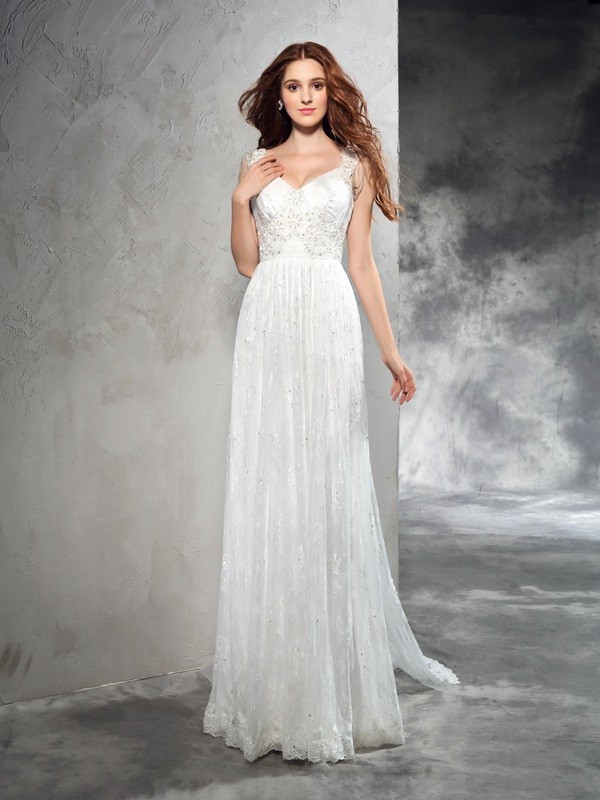 A-Line/Princess Straps Lace Sleeveless Long Lace Wedding Dresses 1823