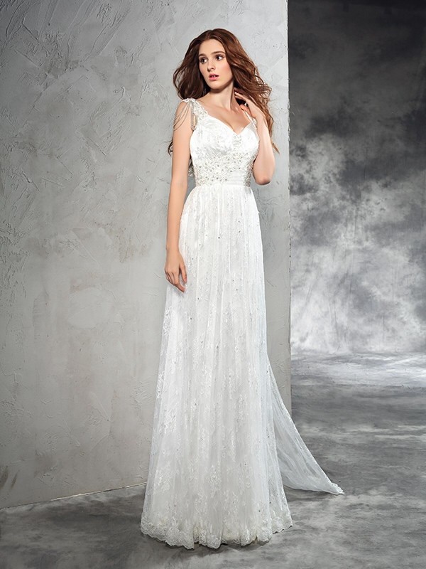 A-Line/Princess Straps Lace Sleeveless Long Lace Wedding Dresses 1823