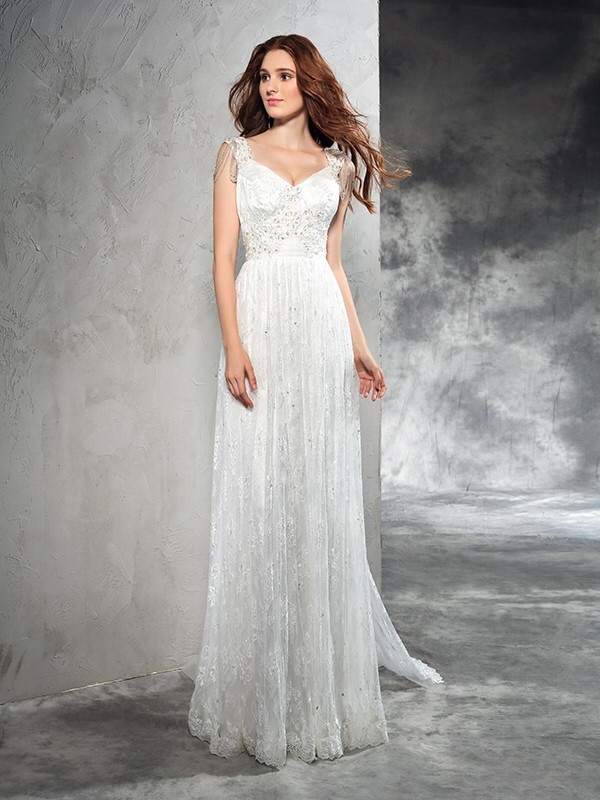 A-Line/Princess Straps Lace Sleeveless Long Lace Wedding Dresses 1823