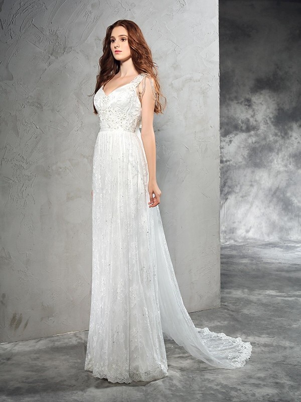 A-Line/Princess Straps Lace Sleeveless Long Lace Wedding Dresses 1823