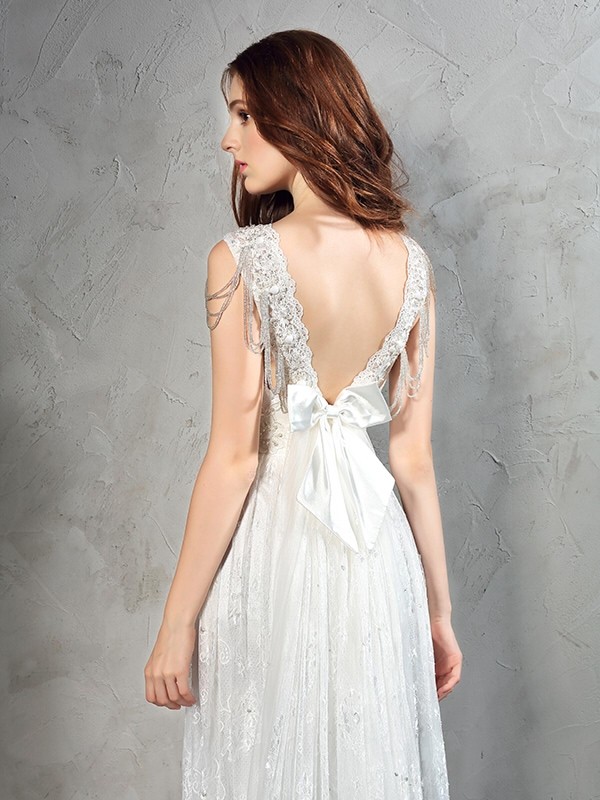 A-Line/Princess Straps Lace Sleeveless Long Lace Wedding Dresses 1823