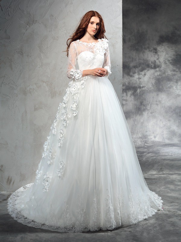 Ball Gown Sheer Neck Hand-Made Flower Long Sleeves Long Net Wedding Dresses 1903