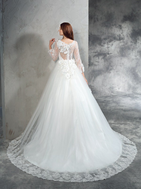 Ball Gown Sheer Neck Hand-Made Flower Long Sleeves Long Net Wedding Dresses 1903