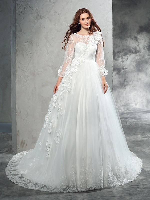 Ball Gown Sheer Neck Hand-Made Flower Long Sleeves Long Net Wedding Dresses 1903