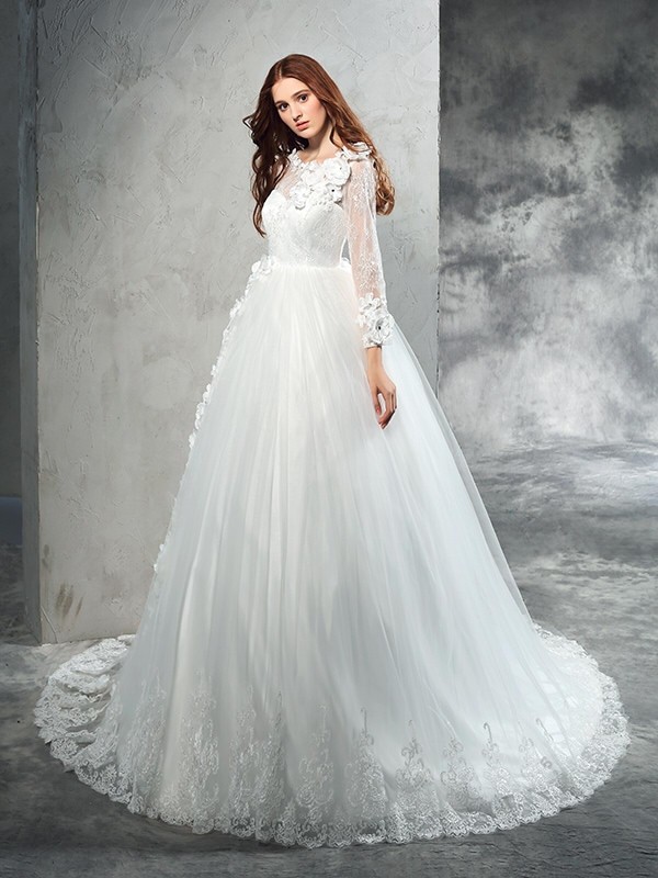 Ball Gown Sheer Neck Hand-Made Flower Long Sleeves Long Net Wedding Dresses 1903