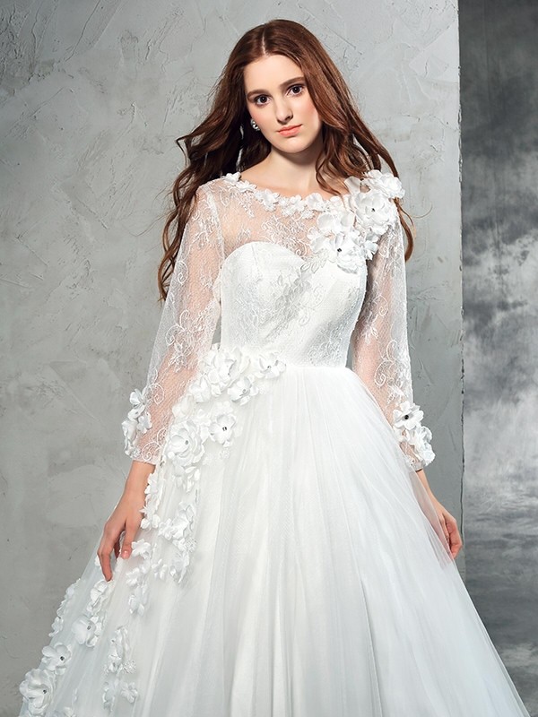 Ball Gown Sheer Neck Hand-Made Flower Long Sleeves Long Net Wedding Dresses 1903