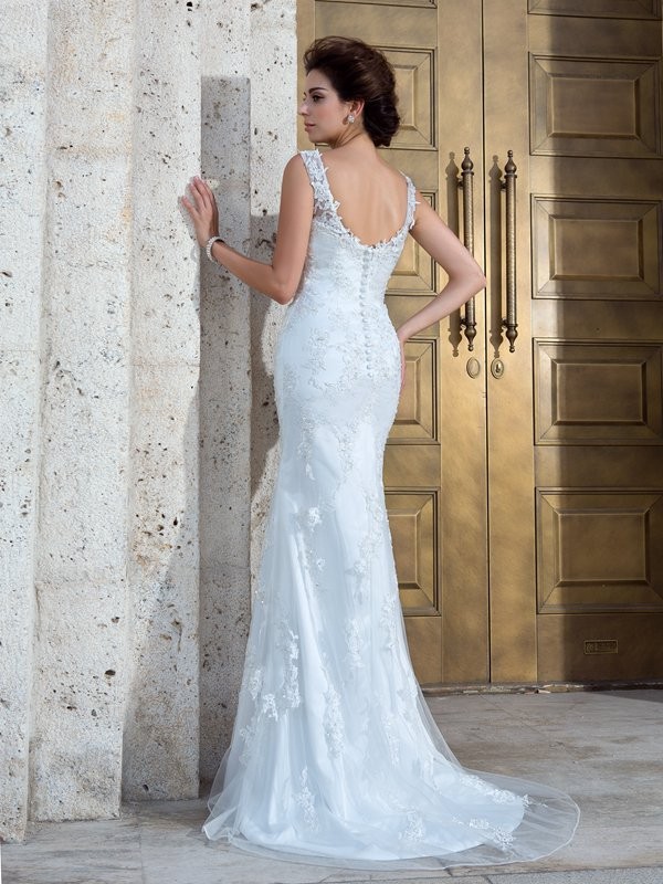 Trumpet/Mermaid V-neck Applique Sleeveless Long Net Wedding Dresses 2043