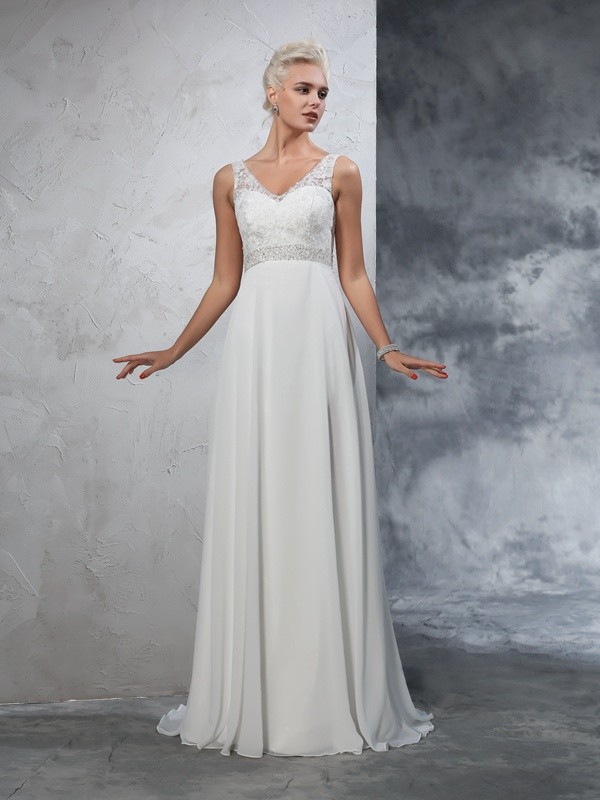 A-Line/Princess V-neck Beading Sleeveless Long Chiffon Wedding Dresses 1863