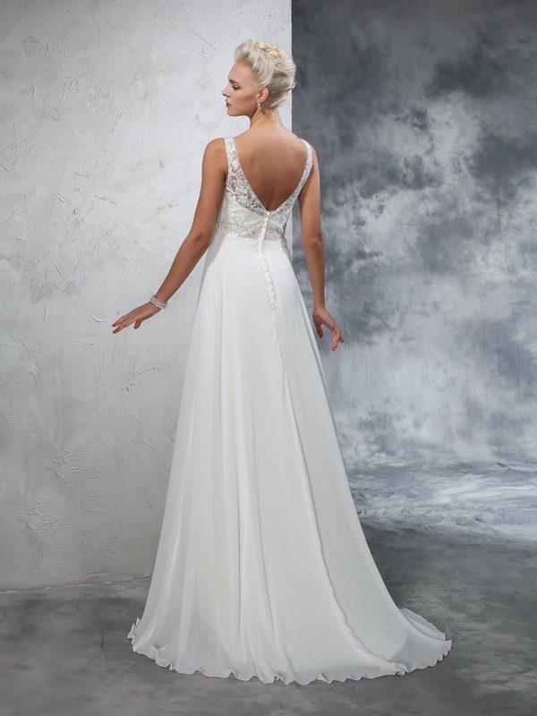 A-Line/Princess V-neck Beading Sleeveless Long Chiffon Wedding Dresses 1863