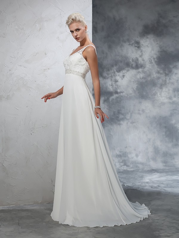 A-Line/Princess V-neck Beading Sleeveless Long Chiffon Wedding Dresses 1863