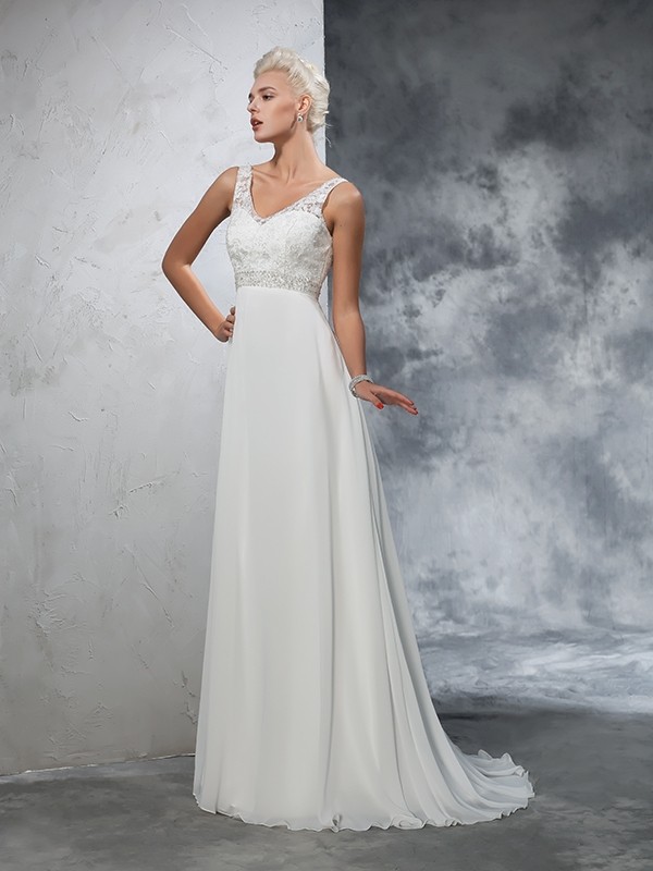 A-Line/Princess V-neck Beading Sleeveless Long Chiffon Wedding Dresses 1863