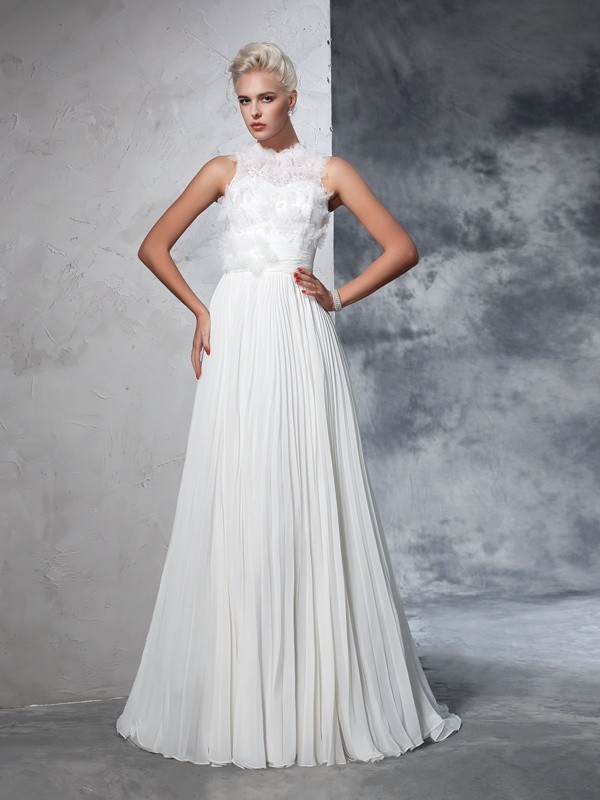 A-Line/Princess High Neck Pleats Sleeveless Long Chiffon Wedding Dresses 1785