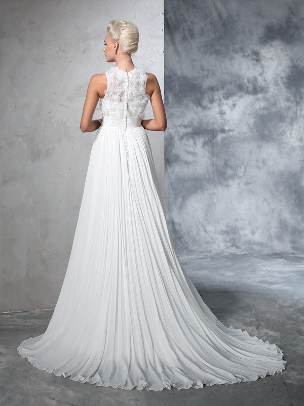 A-Line/Princess High Neck Pleats Sleeveless Long Chiffon Wedding Dresses 1785