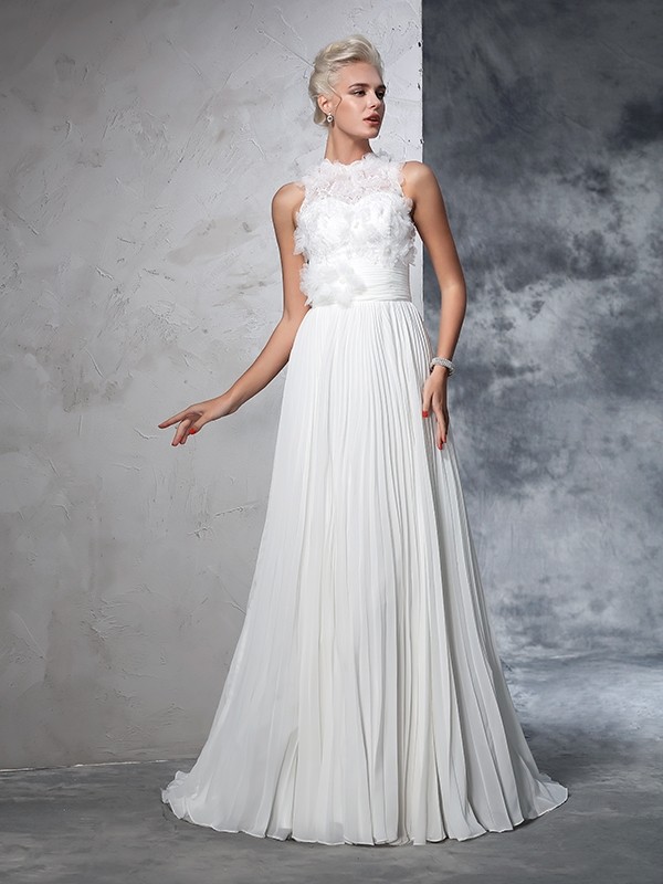 A-Line/Princess High Neck Pleats Sleeveless Long Chiffon Wedding Dresses 1785