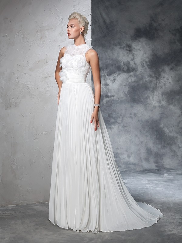 A-Line/Princess High Neck Pleats Sleeveless Long Chiffon Wedding Dresses 1785