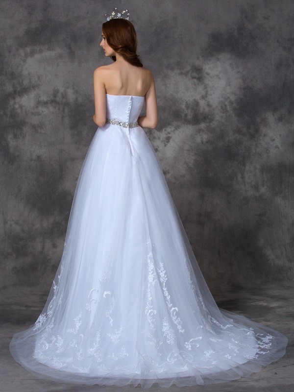 A-line/Princess Sweetheart Beading Sleeveless Long Satin Wedding Dresses 1838