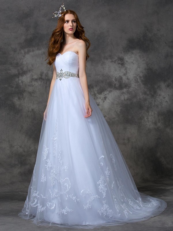 A-line/Princess Sweetheart Beading Sleeveless Long Satin Wedding Dresses 1838