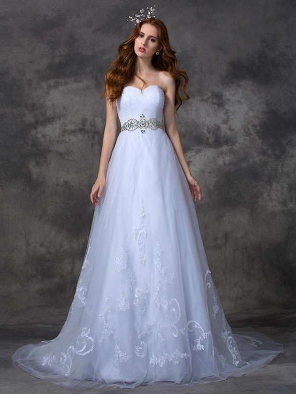 A-line/Princess Sweetheart Beading Sleeveless Long Satin Wedding Dresses 1838