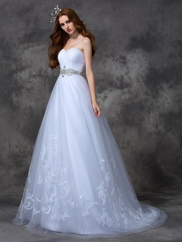 A-line/Princess Sweetheart Beading Sleeveless Long Satin Wedding Dresses 1838