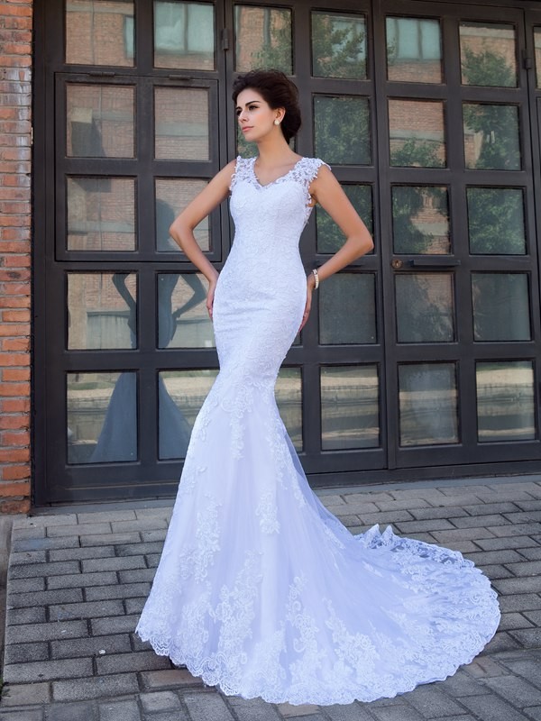 Trumpet/Mermaid V-neck Applique Sleeveless Long Satin Wedding Dresses 1742