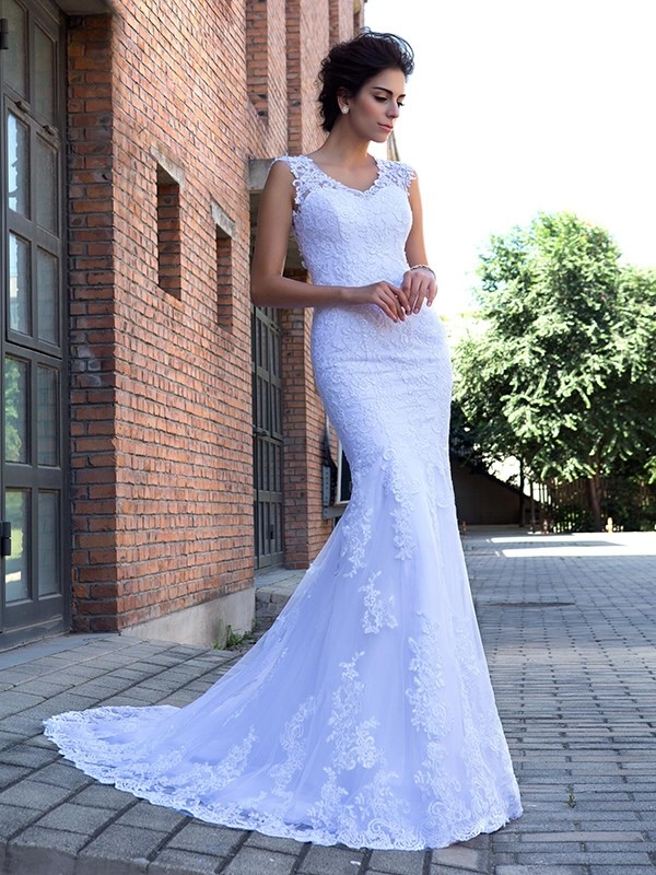 Trumpet/Mermaid V-neck Applique Sleeveless Long Satin Wedding Dresses 1742