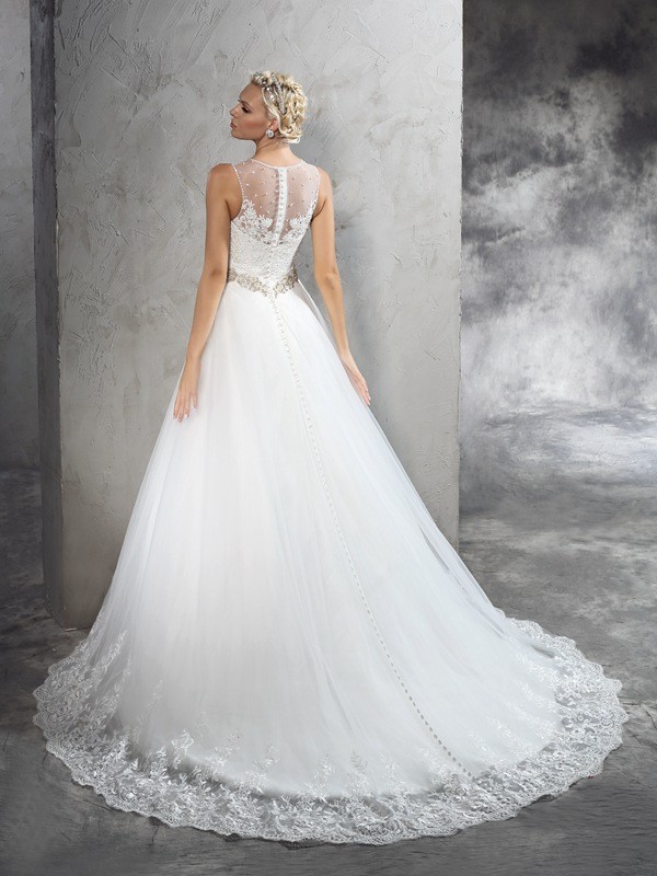 A-Line/Princess Sheer Neck Beading Sleeveless Long Net Wedding Dresses 1805