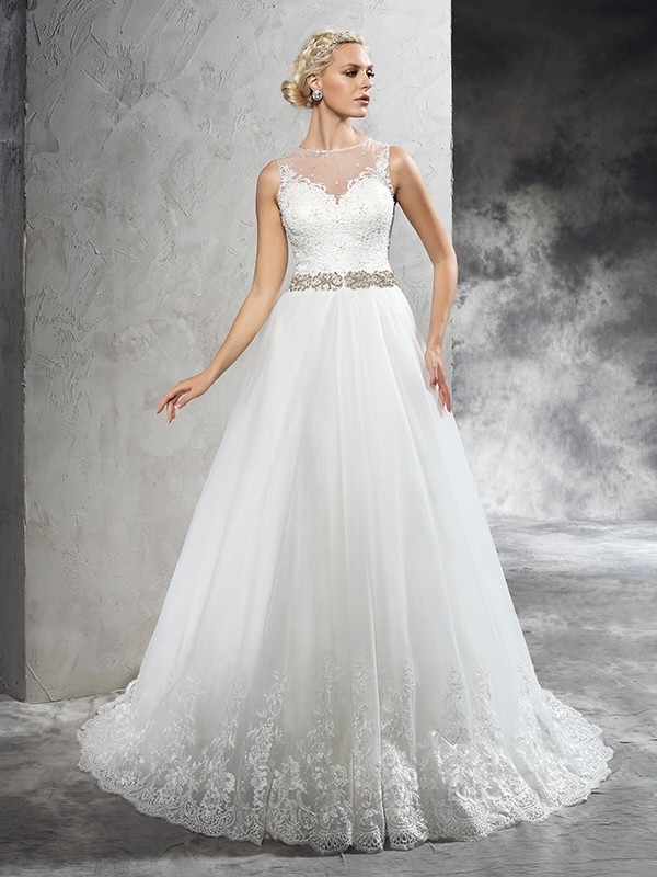 A-Line/Princess Sheer Neck Beading Sleeveless Long Net Wedding Dresses 1805