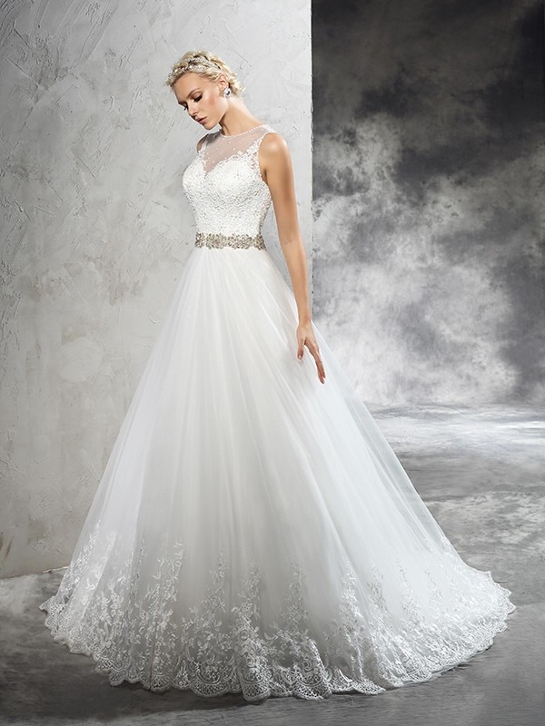 A-Line/Princess Sheer Neck Beading Sleeveless Long Net Wedding Dresses 1805